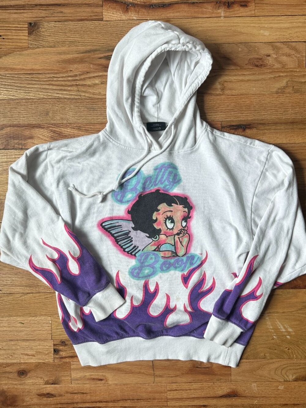 Betty Boop Graphic White Hoodie Sweater w/ Flame Pattern Size M